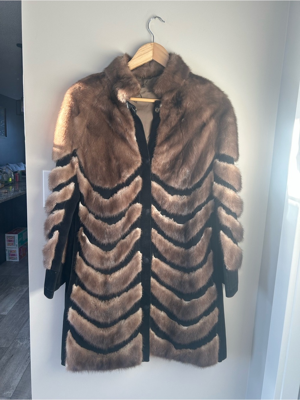 Vintage Brown Fur Chevron-Panel Coat - Women